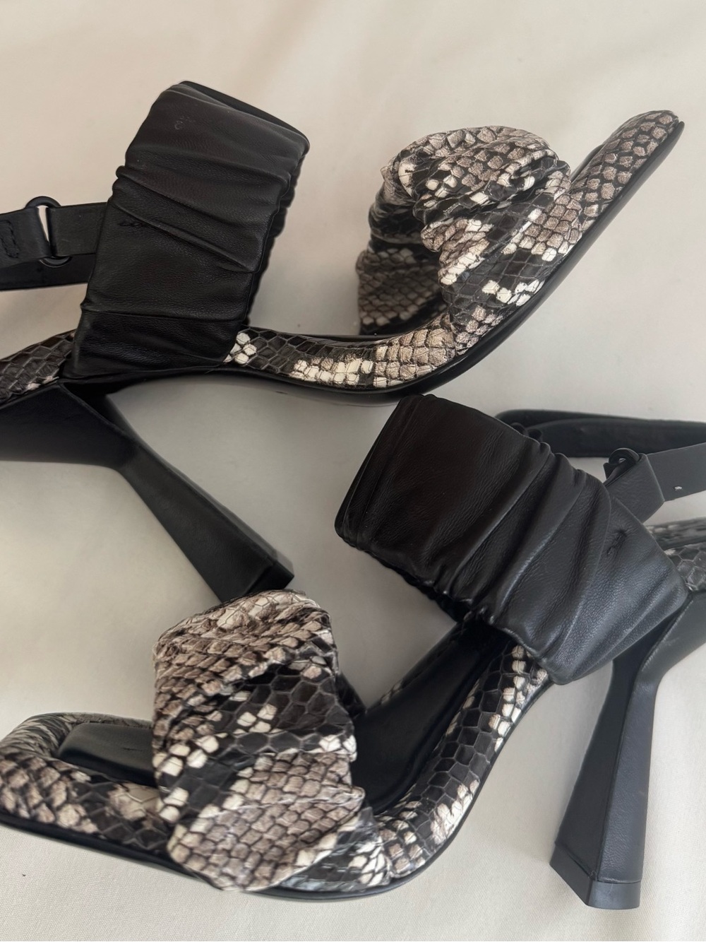 MERCEDES CASTILLO Black Sandal Heels with Snake-Print Straps 6